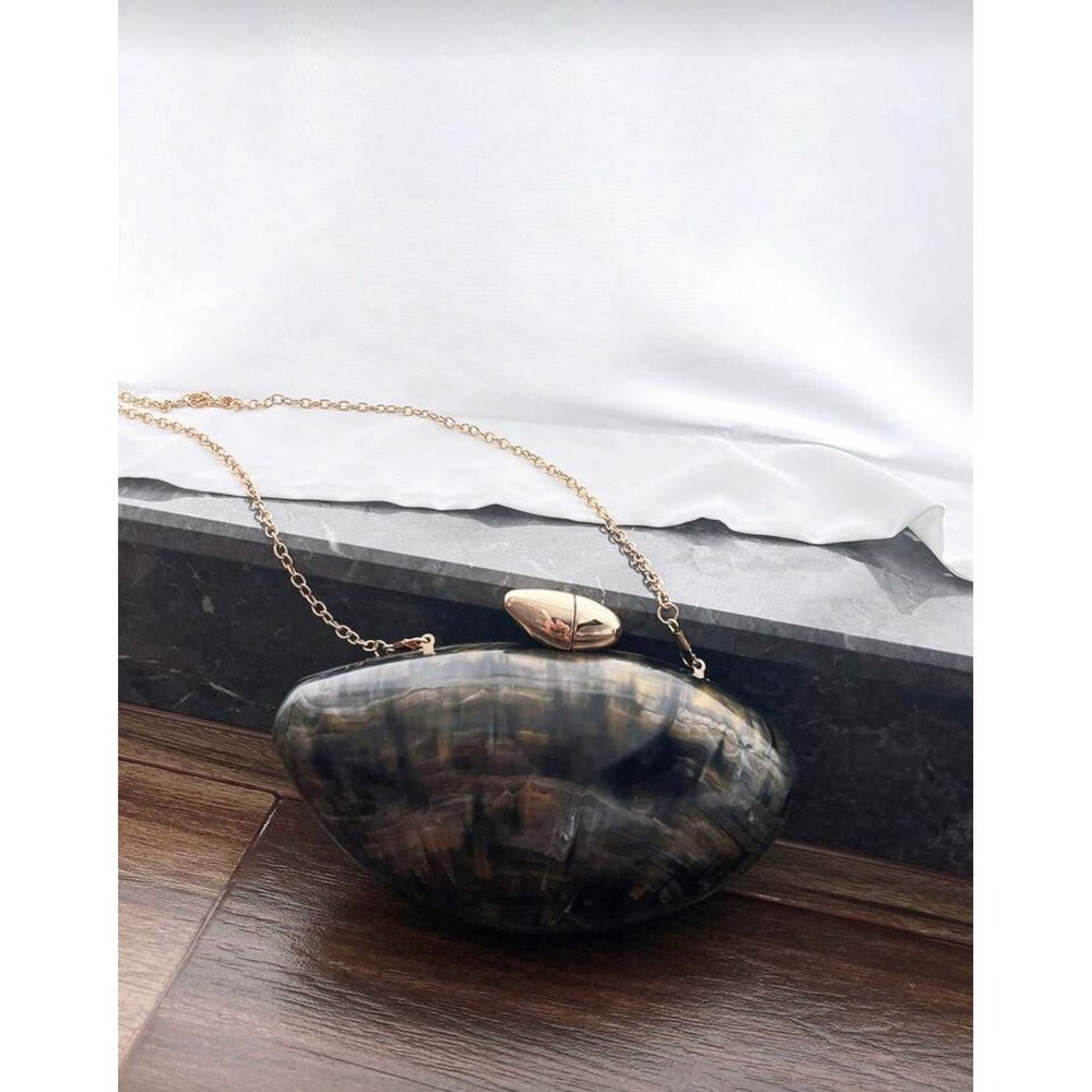 Marbled Resin Pebble Clutch Bag Gold Chain Strap Evening Purse‎ Amber Black
